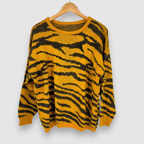 Vintage Sweaters - 80s Vintage Tiger Stripe Knit Sweater Yellow Black Large